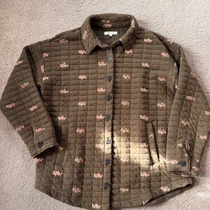 Madewell Olive Quilted Jacket with Pink Floral Accents